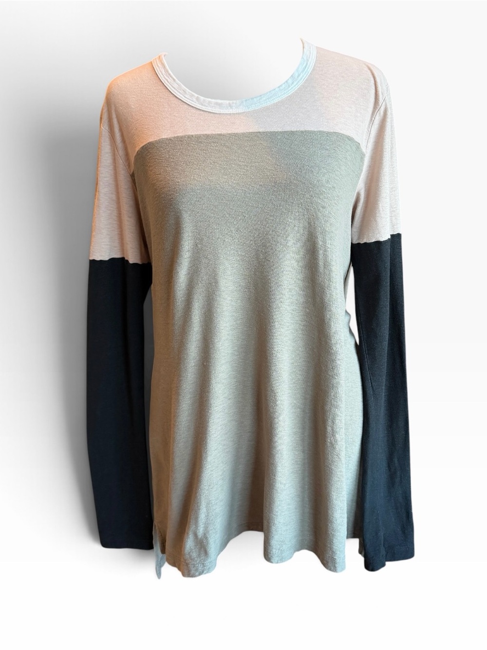 James Perse Colorblock Long-Sleeve Top in Sage, Cream & Black Sz 2